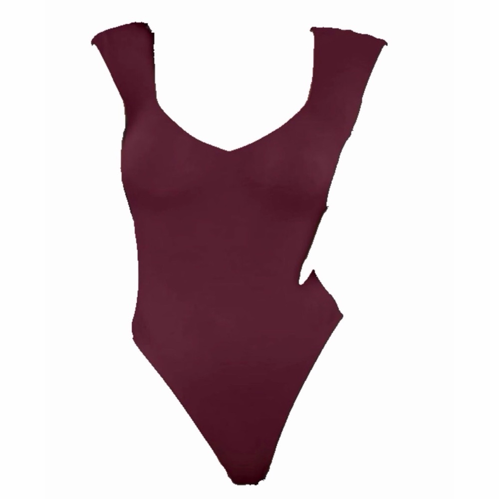REORIA Burgundy V Neck Thong Bodysuit Medium Double Lined Spring